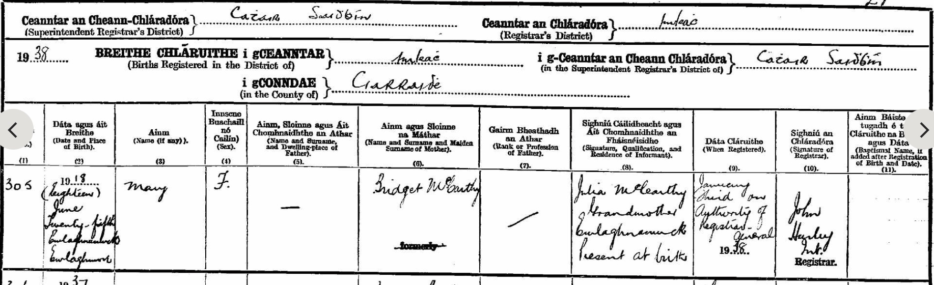 Mary "Mollie" McCarthy birth registration
